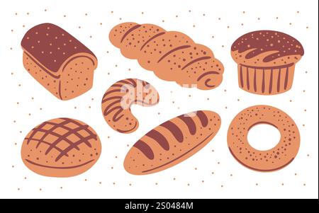 Set of bakery products. Bread made from wheat flour. Food and cooking. Flat vector illustration isolated on white background Stock Vector