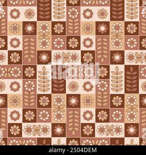 Floral background mocha mousse. Geometric brown seamless pattern with minimalistic simple repeatable tile design with flower and leaves. Vector illust Stock Vector