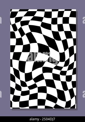 Checkerboard abstract poster. Pattern with white and black distorted squares. Minimalistic creativity and art. Hallucinogenic ornament. Flat vector Stock Vector