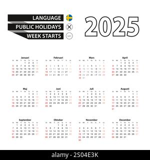 2025 calendar in Swedish language, week starts from Sunday. Vector Illustration. Stock Vector