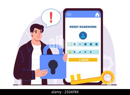 Man reset password. Young guy with padlock and gold key near smartphone. Internet safety and personal data protection. User has forgotten password to Stock Vector