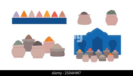 Eastern asian arabic spice market with bags, baskets. Oriental moroccan bazaar elements vector illustration. Simple arabian shop. Stock Vector