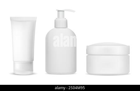 Cream tube, soap dispenser, cosmetic cream jar, white plastic vector mockup. Liquid soap airless pump dispenser template design. Body skin moisturizer Stock Vector