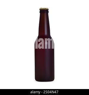 Small amber glass stout beer bottle vector mockup. 300ml brown ale bottle, craft brewery glassware blank. Cold beverage container with golden cap clos Stock Vector