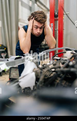 Vertical portrait of mechanic having stressful day at car repair shop, holding head in hands while looking at car engine. Confused repairman unsure of Stock Photo