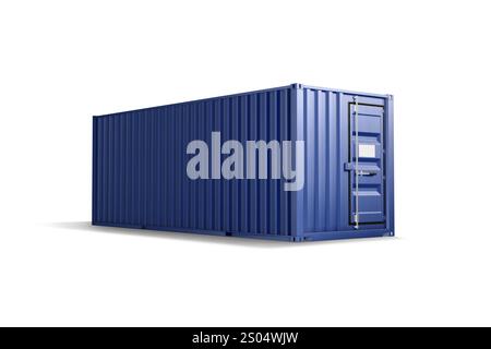 Blank blue steel cargo container mockup, half-turned view, 3d rendering. Empty international logistic crate for ship trade mock up, isolated. Clear he Stock Photo