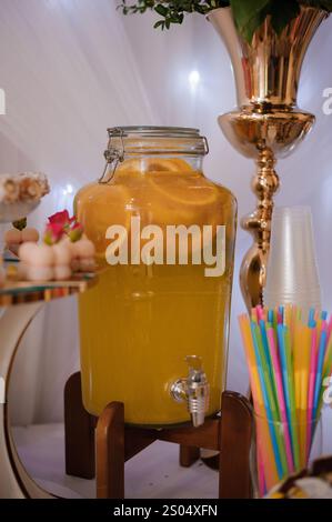 Refreshing Citrus Beverage Display at an Elegant Event. Stock Photo