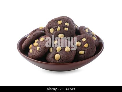 Tasty chocolate cookies with hazelnuts in bowl isolated on white Stock Photo