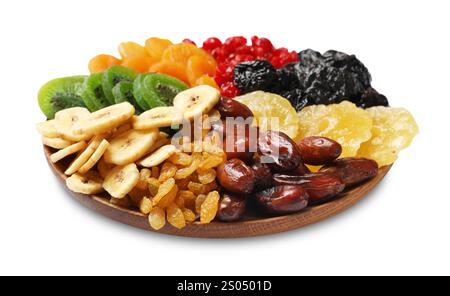 Mix of different dried fruits isolated on white Stock Photo
