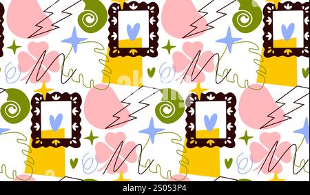 Abstract forms seamless pattern. Repeating design element for printing on fabric. Frames with hearts and pink hearts. Minimalistic creativity and art Stock Vector