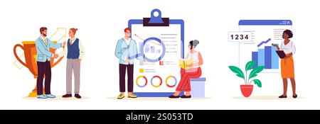 Business people set. Man and woman work together. Analysts study graphs and charts. Organizing efficient work process in office. Flat vector Stock Vector