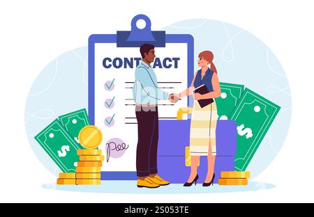 People conclude business deal. Man and woman shake hands against background of contract. Collaboration and cooperation, partnership. Entrepreneur and Stock Vector