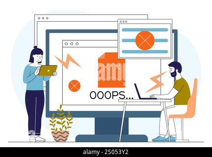 People repairing computer. Man and woman near huge computer with error. Programmers and IT specialists correct errors in program or application code Stock Vector