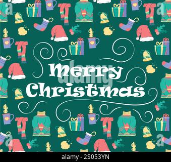 Merry christmas poster. Socks, sweaters, scraf and santa claus hat. Gifts and presents. Winter holiday and festival. New Year and Noel Eve. Booklet or Stock Vector