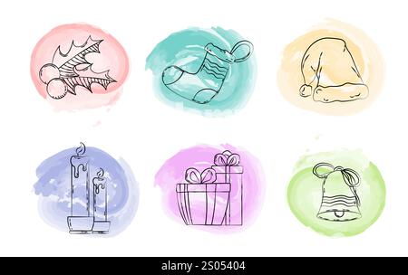 Christmas doodles set. Sketch of berries, sock, santa claus hats, candles and gift boxes. Xmas and New Year, Noel Eve. Linear vector collection Stock Vector