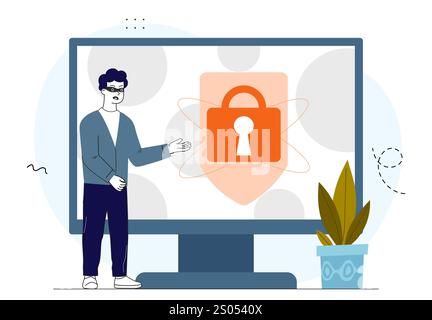 Hacker with cyber security. Man in black mask near computer screen with lock. Hacker attack and viruses, danger on Internet. Protection of personal Stock Vector