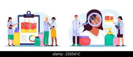 Diagnosis by dermatologist set. Doctors analyze structure of dermis. Beautician with magnifying glass examines acne on womans face. Flat vector Stock Vector