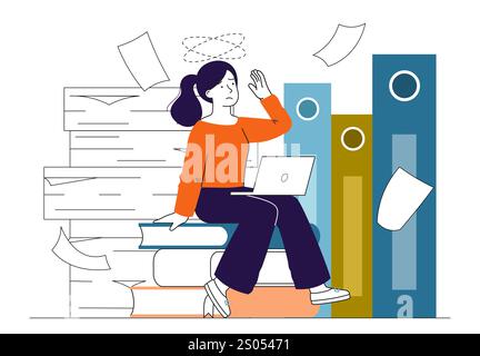 Lot of paperwork. Woman with laptop sits near stack of papers. Overworked employee with emotional burnout. Secretary and clerk. Workaholic in office Stock Vector