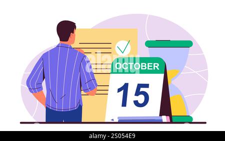 Man planning concept. Young guy stands near sheet of goals and calendar. Time management and organization of effective work process, scheduling and Stock Vector
