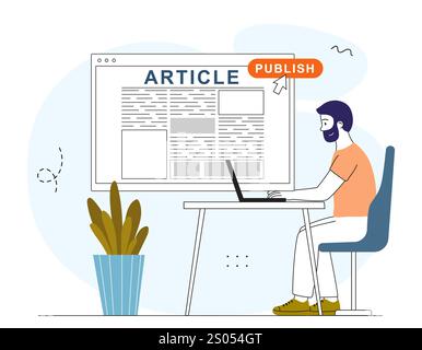 Publication of article. Man with laptop uploads article on Internet to website. Copywriter and content creator. Journalist and mass media. Digital Stock Vector
