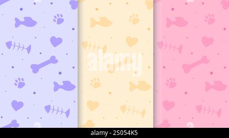 Set of paw seamless patterns. Repeating design element for printing on wrapping paper. Violet, yellow and pink posters. Domestic animals and mammals Stock Vector