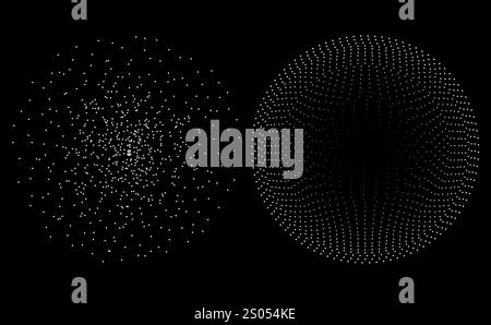 Stipple spray circle. Grunge effect. Doted white round at black background. Abstract patterns and ornaments. Monochrome gradient. Particle and texture Stock Vector