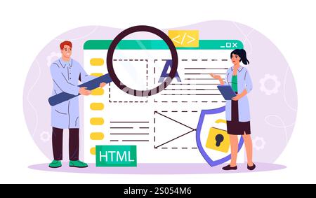 People testing software. Woman and man with magnifying glass read lines of computer code. Programmer and IT specialists. Testers fix errors in website Stock Vector