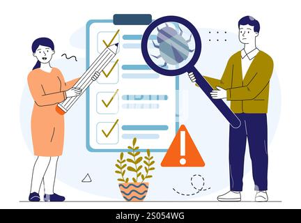 Testers looking for bugs. Woman and man with magnifying glass looking for errors in code. Testing of software, program or application. Programmers and Stock Vector