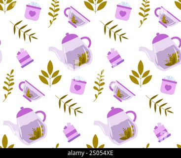 Tea seamless pattern. Repeating design element for printing on fabric. Aroma and beverage. Bags with herbal tea. Ceramics teapot and mug with hot Stock Vector