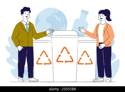 People sorting waste. Man and woman near garbage containers with botles. Eco activists sort waste. Recycling and reuse, zero waste lifestyle. Caring Stock Vector