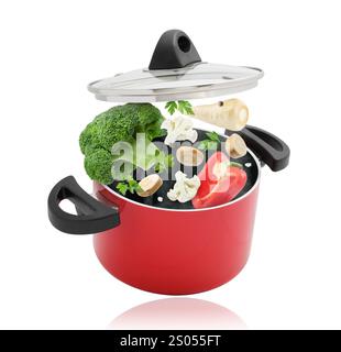 Vegetables for soup and pot in air on white background Stock Photo