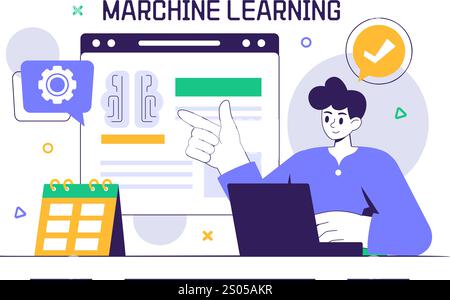 Machine Learning Vector Illustration featuring Artificial Intelligence Jobs, Scientists Working with Big Data and Technology Engineers in a Background Stock Vector