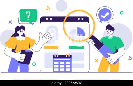 Machine Learning Vector Illustration featuring Artificial Intelligence Jobs, Scientists Working with Big Data and Technology Engineers in a Background Stock Vector
