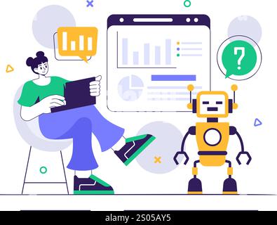 Machine Learning Vector Illustration featuring Artificial Intelligence Jobs, Scientists Working with Big Data and Technology Engineers in a Background Stock Vector