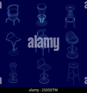Collection of blue chairs and stools are shown in various positions. The chairs and stools are all different shapes and sizes, with some having curved Stock Vector