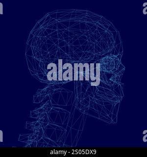 Skull is shown in a blue background. The skull is made up of many small triangles, giving it a very detailed and intricate appearance. Concept of myst Stock Vector