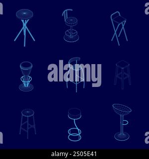 Collection of blue chairs and stools are shown in a blue background. The chairs and stools are all different shapes and sizes, with some having a more Stock Vector