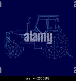 Blue drawing of a tractor. The tractor is shown in a stylized way, with a focus on its wheels and the overall design. Concept of precision and attenti Stock Vector