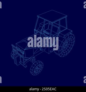 Blue tractor is displayed on a blue background. The tractor is a 3D model and is shown in a blue color scheme. The image gives the impression of a mod Stock Vector