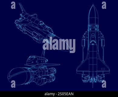 Blue drawing of a space shuttle. The drawing is in blue and is of a three-dimensional model Stock Vector