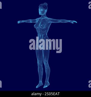 Woman is standing in a blue background with her arms outstretched. The image is a 3D rendering of a woman's body, and the blue color gives it a futuri Stock Vector