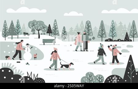 Vector illustration of a snowy park with people engaging in various winter activities, easily editable. Stock Vector