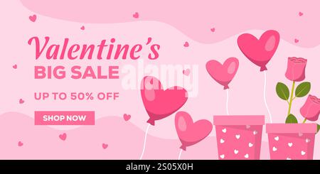 valentine's big sale horizontal banner in flat design Stock Vector