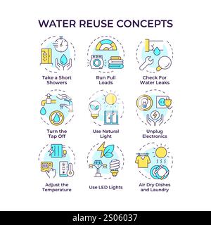 Water reuse multi color concept icons Stock Vector