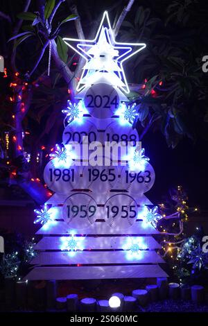 Monterey Park, United States. 24th Dec, 2024. A Christmas display featuring the World Series titles won by the Brooklyn Dodgers (1955) and Los Angeles Dodgers (1959, 1963, 1965, 1981, 1988, 2020 and 2024) at a residence, Tuesday, Dec. 24, 2024, in Monterey Park, Calif. Credit: Image of sport /Alamy Live News Stock Photo