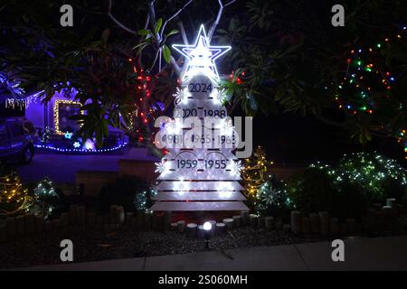 Monterey Park, United States. 24th Dec, 2024. A Christmas display featuring the World Series titles won by the Brooklyn Dodgers (1955) and Los Angeles Dodgers (1959, 1963, 1965, 1981, 1988, 2020 and 2024) at a residence, Tuesday, Dec. 24, 2024, in Monterey Park, Calif. Credit: Image of sport /Alamy Live News Stock Photo