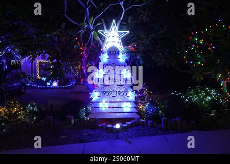 Monterey Park, United States. 24th Dec, 2024. A Christmas display featuring the World Series titles won by the Brooklyn Dodgers (1955) and Los Angeles Dodgers (1959, 1963, 1965, 1981, 1988, 2020 and 2024) at a residence, Tuesday, Dec. 24, 2024, in Monterey Park, Calif. Credit: Image of sport /Alamy Live News Stock Photo