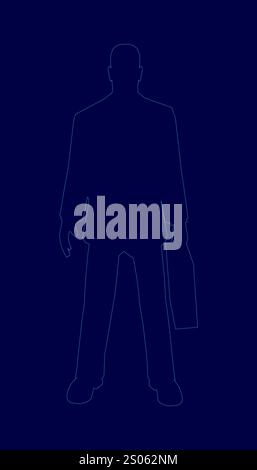 Man is standing in a blue background with a blue suit and a briefcase. The image is a silhouette of a man, with the suit and briefcase visible. Scene Stock Vector