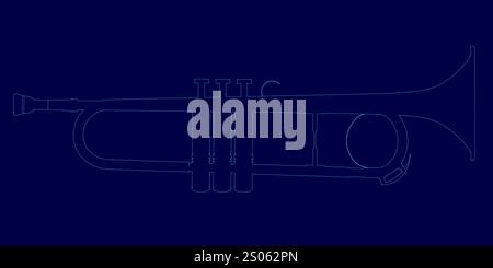 Blue image of a trumpet with a black background. The trumpet is in the center of the image and is surrounded by a series of lines. The lines are arran Stock Vector