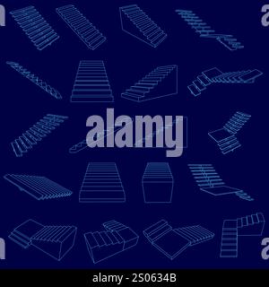 Series of blue drawings of stairs. The drawings are all different sizes and shapes, but they all have the same basic design. Scene is calm and serene, Stock Vector